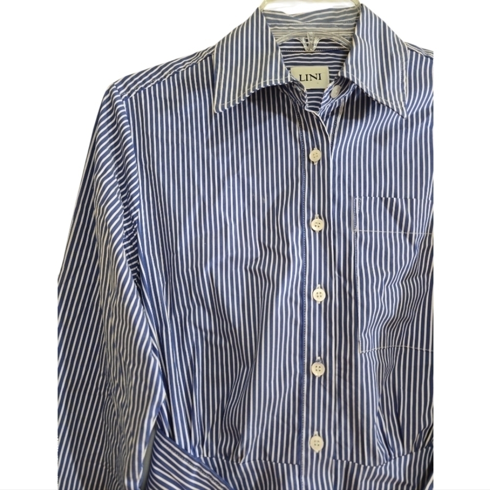 Lini Blue White Striped Shirt Dress Small Button Front Tie Waist Circle Skirt - Picture 3 of 10
